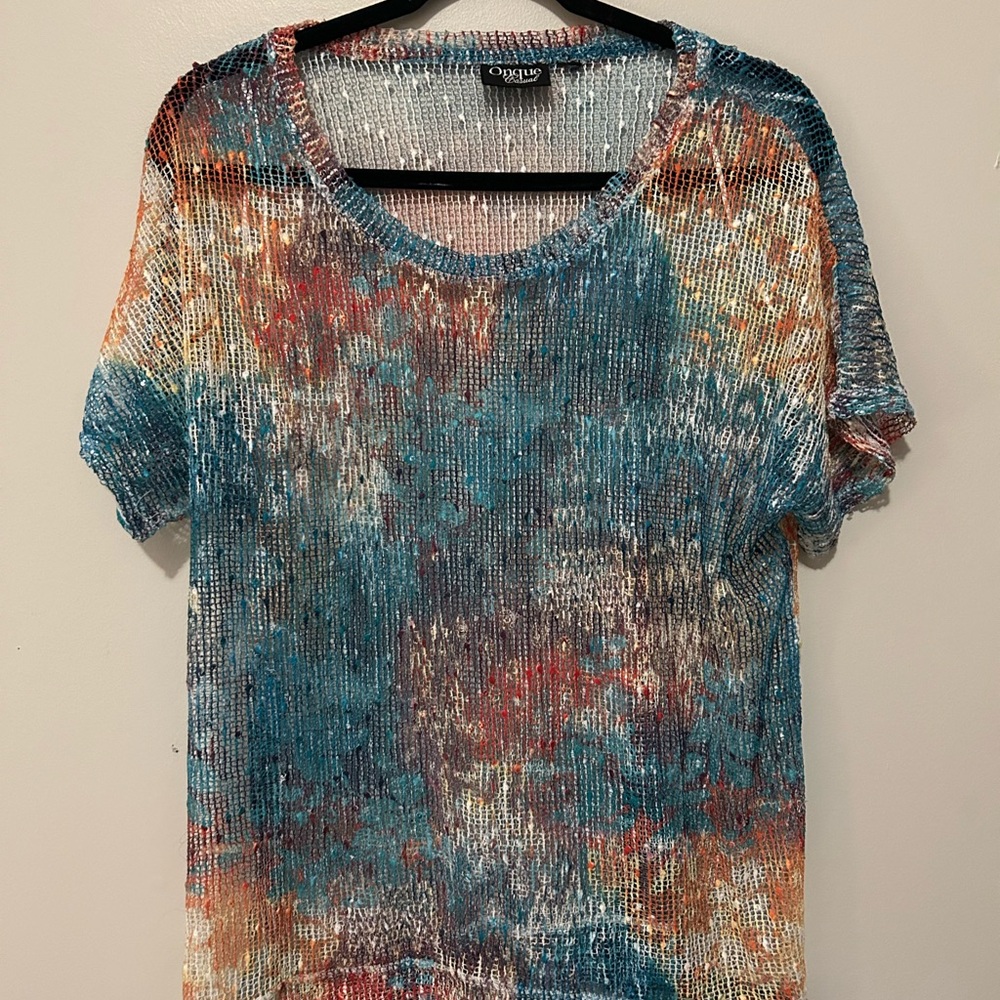 Knit Short Sleeve Scoop Neck Top - Multicolor Blue